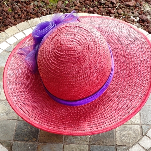 NEW LADIES RED HAT SOCIETY STRAW BRIM HAT WITH PURPLE BOW - Picture 4 of 10